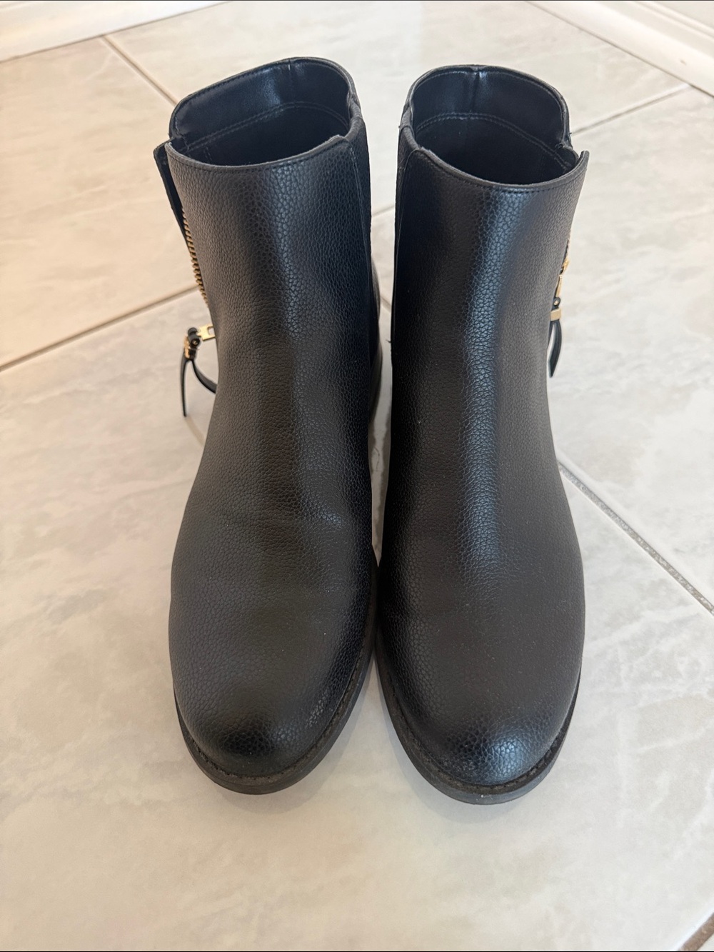 Michael Kors Black Leather Ankle Booties with Gold Zip Accent